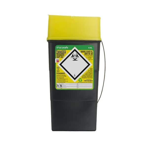 A Grey Sharpsafe 0.6 Litre Bin with Yellow Lid