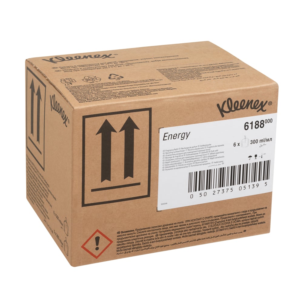 A Closed Brown, White and Black Case of 6188 Kleenex Energy Air Care Refills