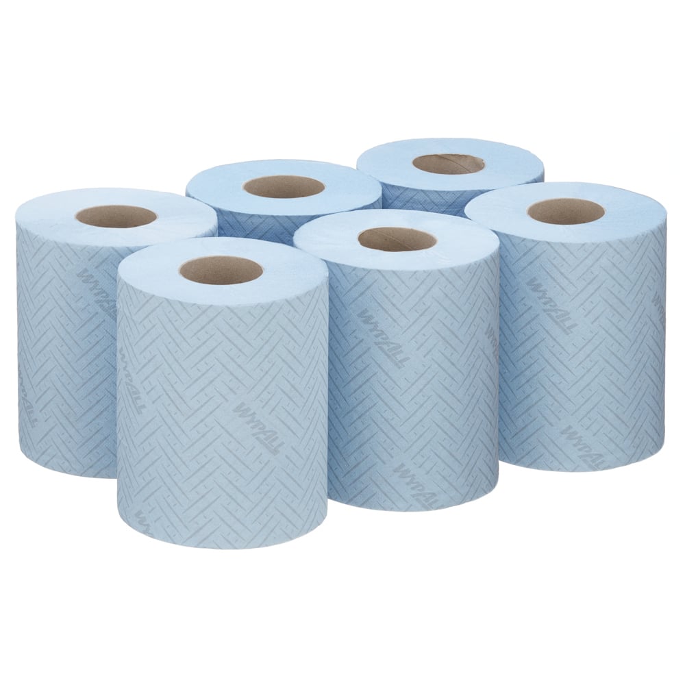 A Stack of Six Blue 6220 WypAll L10 Paper Hand Towel Rolls