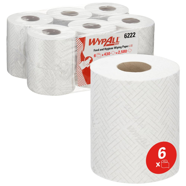 A Single and Case of 6222 WypAll White Paper Hand Towel Rolls