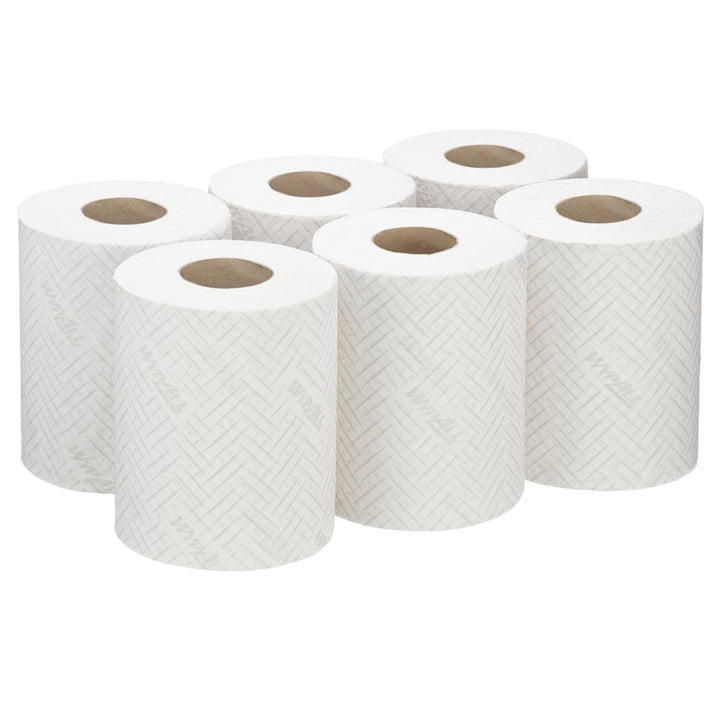 A Stack of Six White 6222 WypAll L10 Paper Hand Towel Rolls