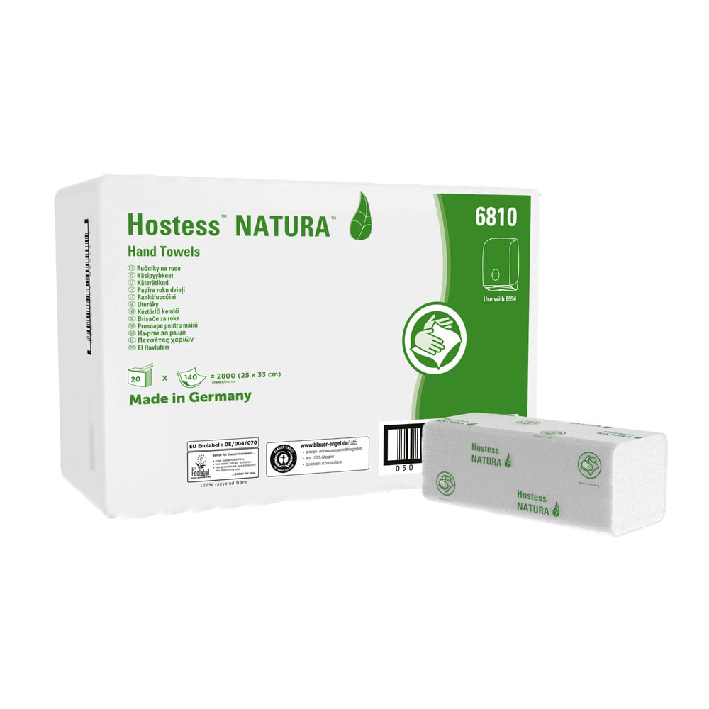 The Back of a White and Green Case of 6810 Hostess Natura Paper Hand Towels and Pack