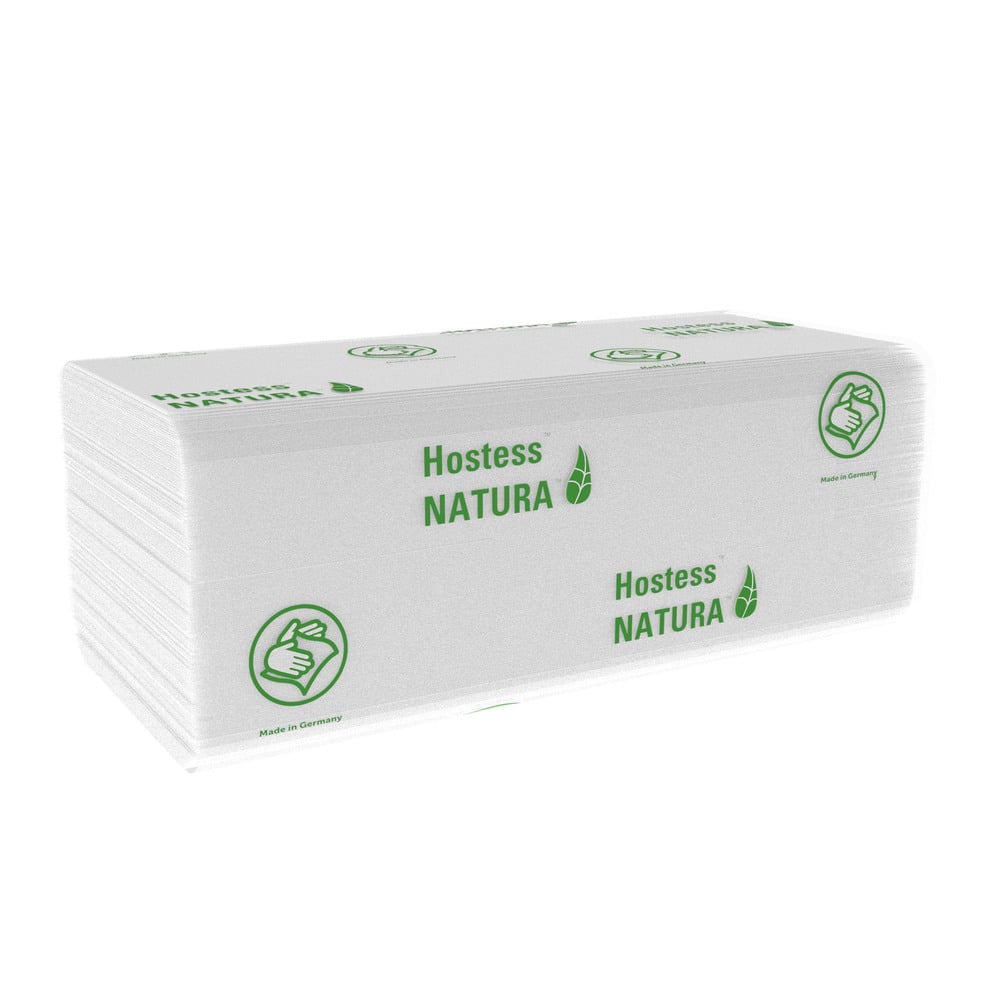 A Single White and Green Pack of 6810 Hostess Natura Folded Paper Hand Towels