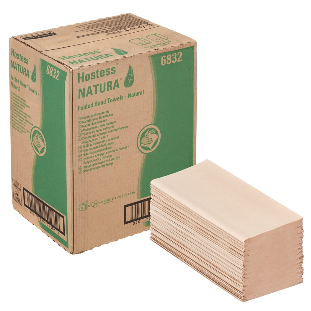 A Brown and Green Case and Stack of 6832 Hostess Natura Folded Paper Hand Towels