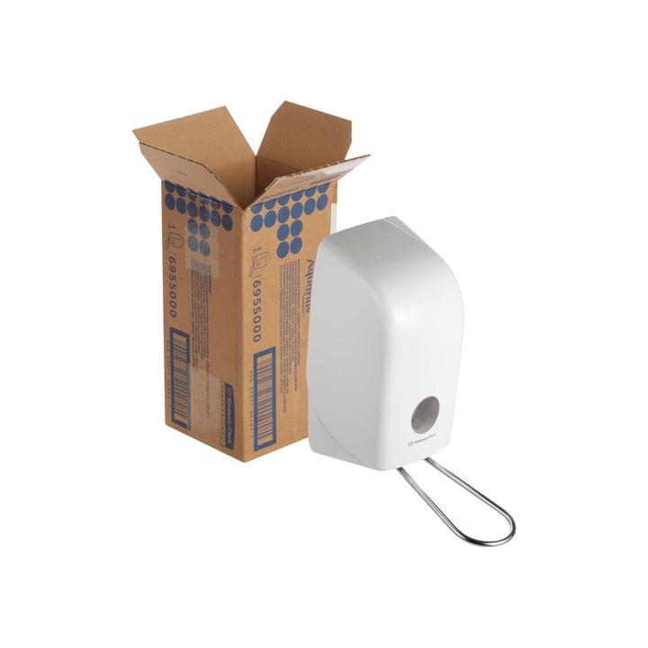 A Single White 6955 Kimberly Clark Hand Sanitiser Dispenser Next to an Open Brown and Blue Case