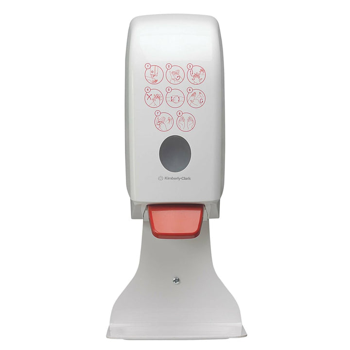 A Single White and Red 7124 Hand Sanitiser Dispenser With an Attached Drip Tray