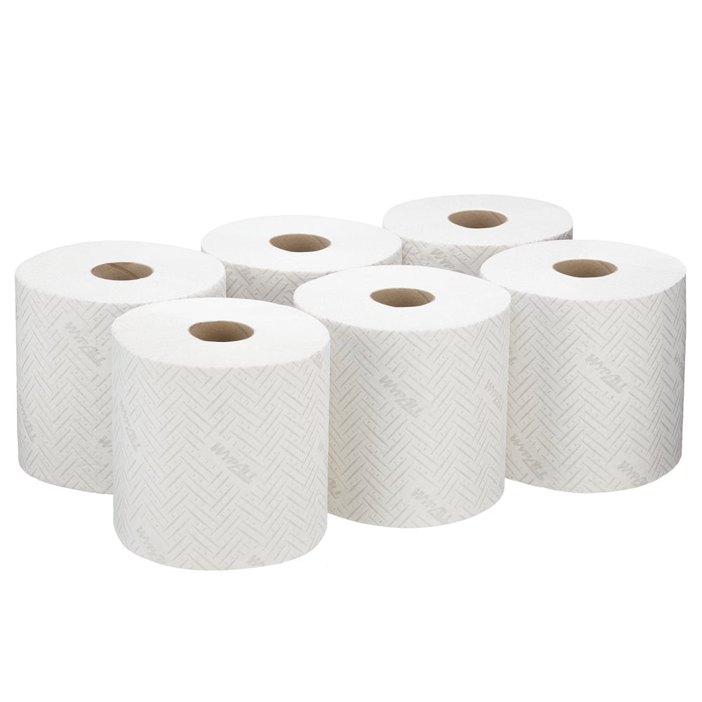 A Stack of White 7278 WypAll Paper Hand Towel Rolls