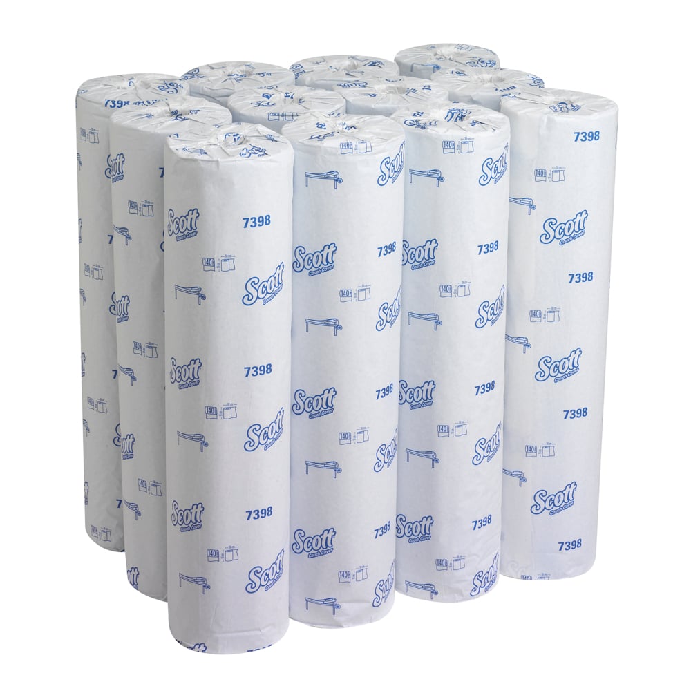 A Stack of White and Blue 7398 Scott Paper Hand Towel Rolls