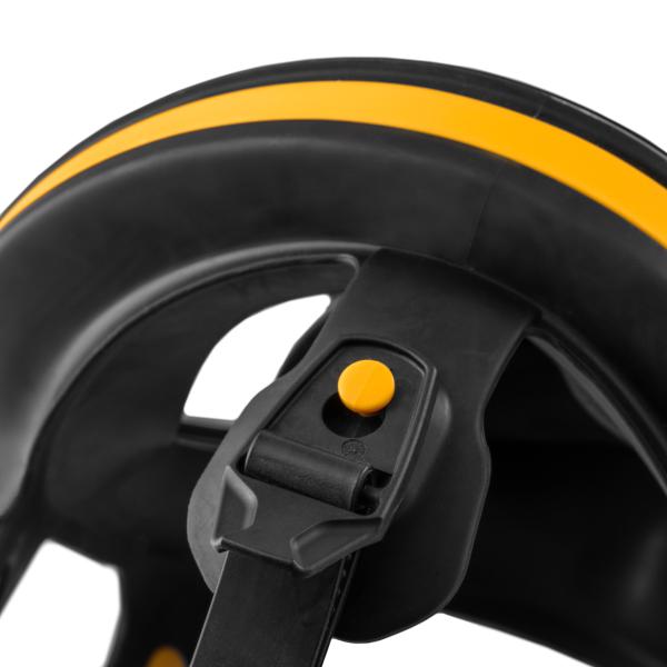 A Close-Up View of a Black, Yellow and Clear Visor DXIR1FFM DeWalt Face Mask