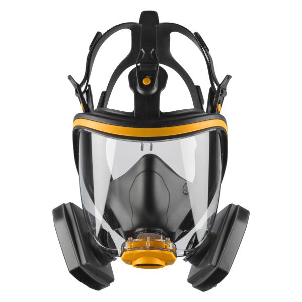 A Top View of a Black, Yellow and Clear Visor DXIR1FFM DeWalt Face Mask with P3 Filters