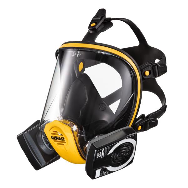 A 45 Degree View of a Black, Yellow and Clear Visor DXIR1FFM DeWalt Face Mask with P3 Filters