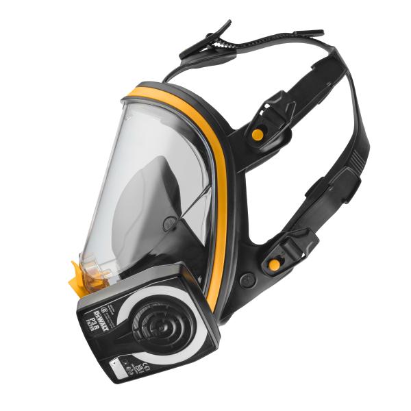 The Side View of a Black, Yellow and Clear Visor DXIR1FFM DeWalt Face Mask with P3 Filters