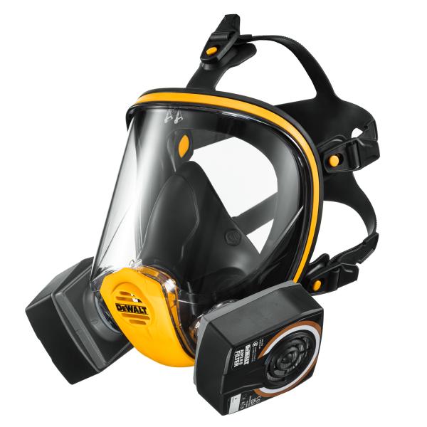 45 Degree View of a Black, Yellow and Clear Visor DXIR1FFM DeWalt Full Face Mask with A2P3 Filters