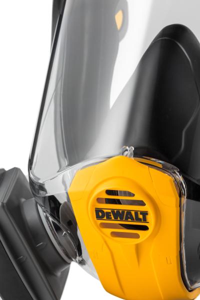 Close-Up View of a Black, Yellow and Clear Visor DXIR1FFM DeWalt Full Face Mask