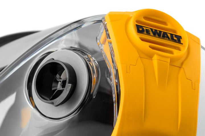 Close-Up View of a Black, Yellow and Clear Visor DXIR1FFM DeWalt Full Face Mask