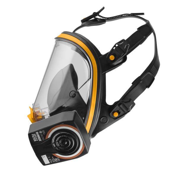 The Left Side of a Black, Yellow and Clear Visor DXIR1FFM DeWalt Full Face Mask with A2P3 Filters