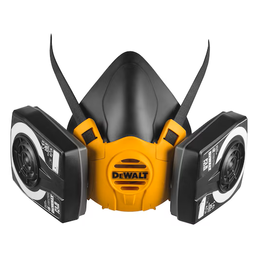 A Black and Yellow DeWalt DXIR1HMLP3 Half Mask Respirator with Black and White P3 Filters