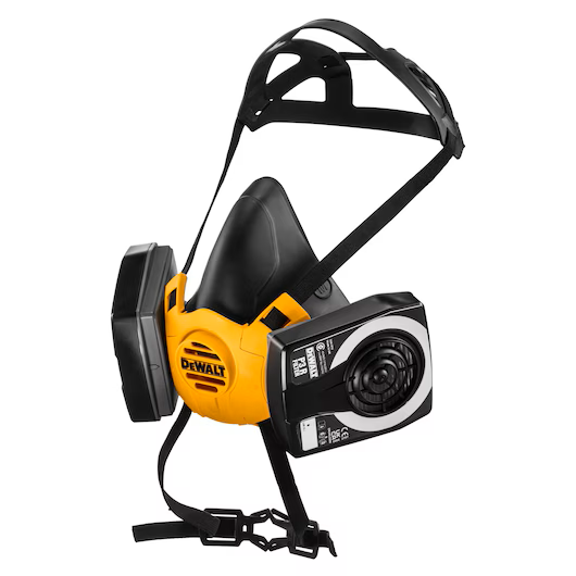 A Black and Yellow DeWalt DXIR1HMLP3 Half Mask Respirator with Black and White P3 Filters