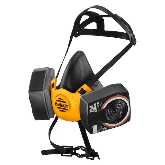 A Black and Yellow DeWalt DXIR1HMMA2P3 Half Mask Respirator with Black, White and Brown A2P3 Filters