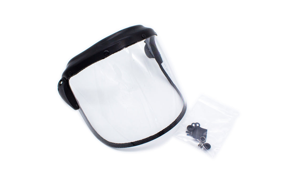 A Clear, Black Rimmed PR01050SP PureFlo Visor Faceshield with Assembly Kit