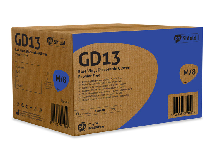 A Brown and Blue Case of GD13 Blue Vinyl Disposable Gloves